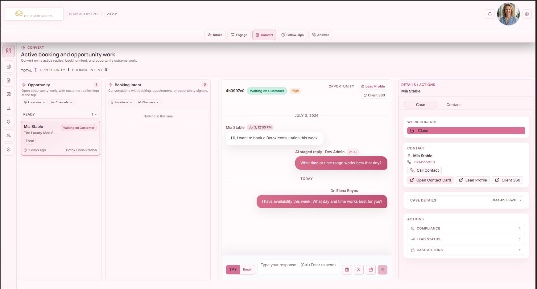 MedSpa opportunity workspace showing an AI-staged reply, staff response, client context, and communication controls
