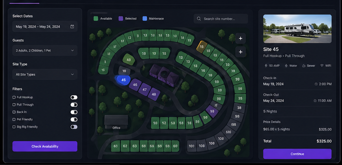 RV resort booking interface with an interactive site map, availability, amenities, dates, and pricing