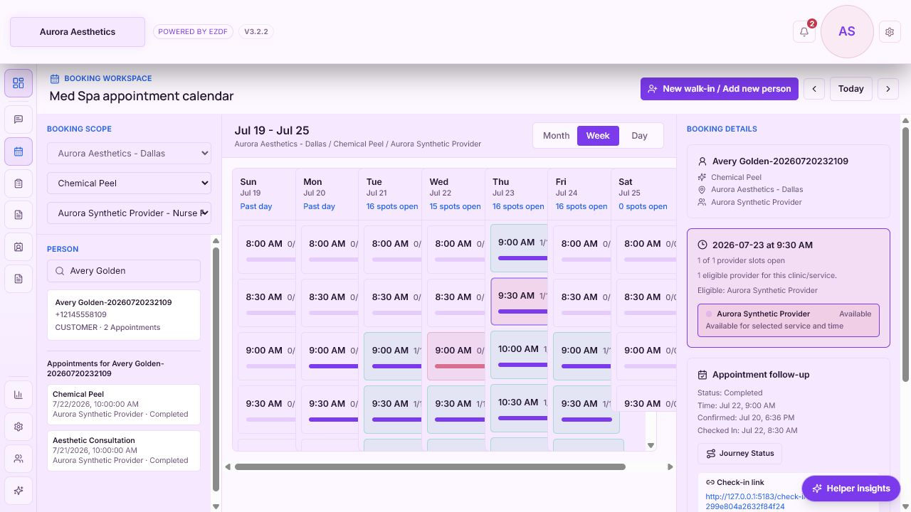 Populated MedSpa booking workspace with a selected client, service, provider, week, and appointment time