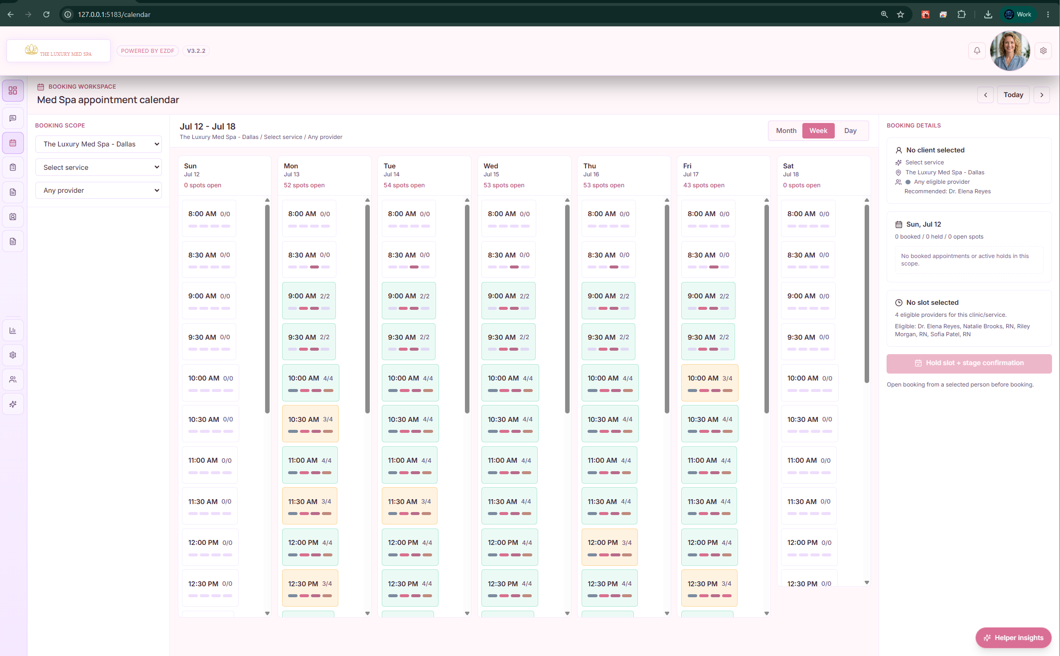 MedSpa weekly calendar showing provider capacity and open appointment times
